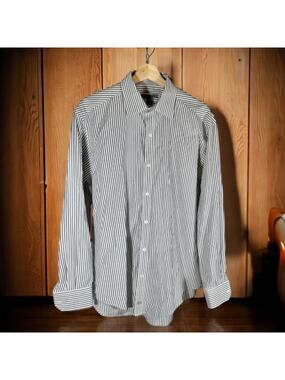 Johnston & Murphy Men's Large White & Gray Striped Tailored Fit Dress Shirt